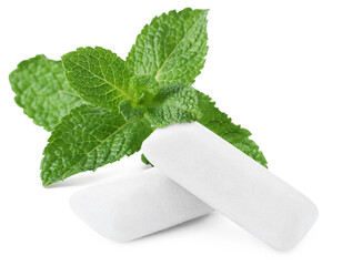 Menthol chewing gum pieces and green mint leaves against transparent background © New Africa