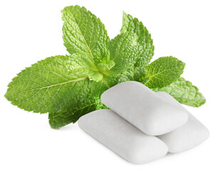 Menthol chewing gum pieces and green mint leaves against transparent background © New Africa