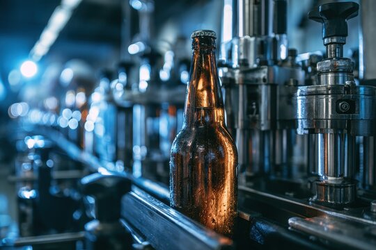 Industrial beer production scene showing a bottle entering the filling station on an assembly line