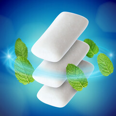 Menthol chewing gum pieces and mint leaves in air against blue background © New Africa