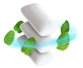 Menthol chewing gum pieces and mint leaves in air against white background © New Africa