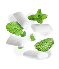Menthol chewing gum pieces and mint leaves in air against transparent background © New Africa