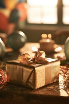 Intimate birthday party setup with a golden present, cake glow, and colorful decor