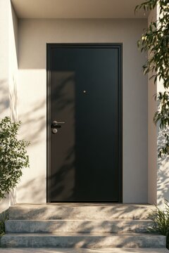Isolated external entrance door in matte black steel with contemporary facade