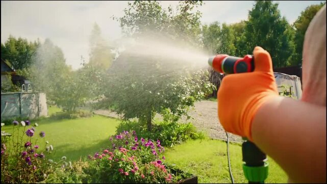 Garden sprayer user aims water at vibrant flower beds. Sunlit yard with rustic house in background. Spray arcs through greenery and blossoms. Person wears bright orange gloves, focused on task