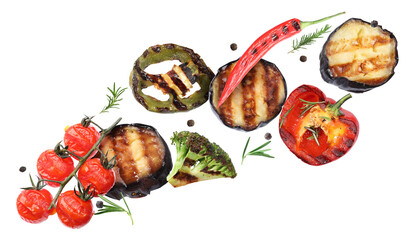 Obraz na płótnie Canvas Grilled vegetables, fresh rosemary and peppercorns flying in air against transparent background