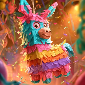 Joyful donkey pinata hanging decoration in a colorful party scene