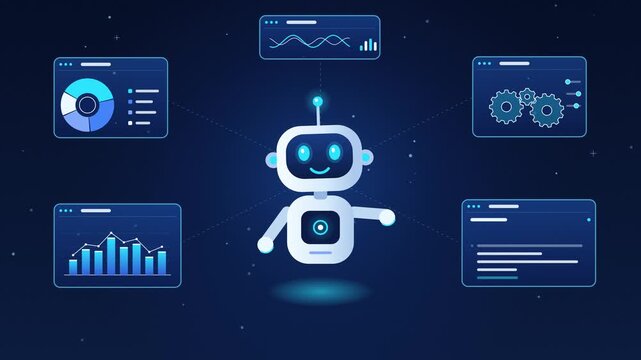 AI robot and data analytics dashboards on dark blue background