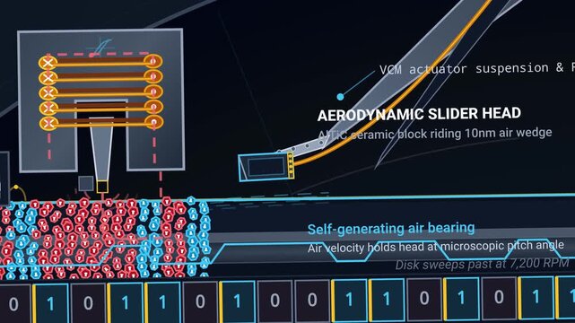 Computer animation of a hard drive reading and writing data using an aerodynamic slider head and inductive write core to change magnetic polarity of nanoscale cobalt grains into binary code