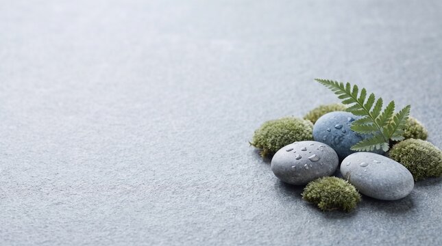 Still life spa minimalis yang menampilkan batu kerikil abu-abu halus dengan tetesan air, lumut hijau segar, dan daun pakis lembut di atas permukaan bertekstur abu-abu sejuk dengan ruang kosong luas, c