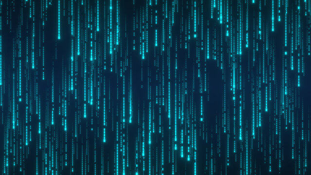 Digital rain of cyan glowing light blocks falling on dark navy background, data stream