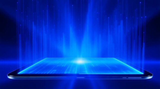 タブレットから解き放たれる青い光と透明感のある3Dデータ層が最先端テクノロジーの美しさと革新性を表現する空間
