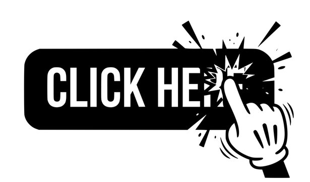 Vibrant Flat Vector Click Here Button Icon with Cartoon Hand Pointer Sign