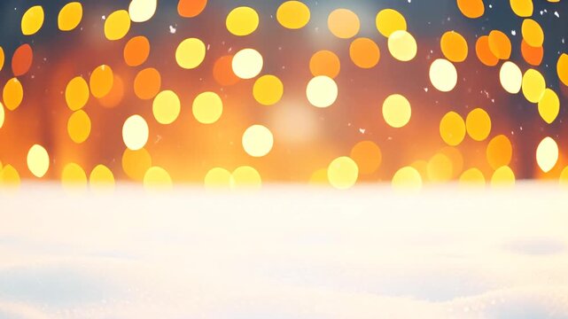 白い積雪の広がりと背景に優しく佇むガーランドライトの丸いボケ光が温もりを感じさせる冬の幻想的な景観
