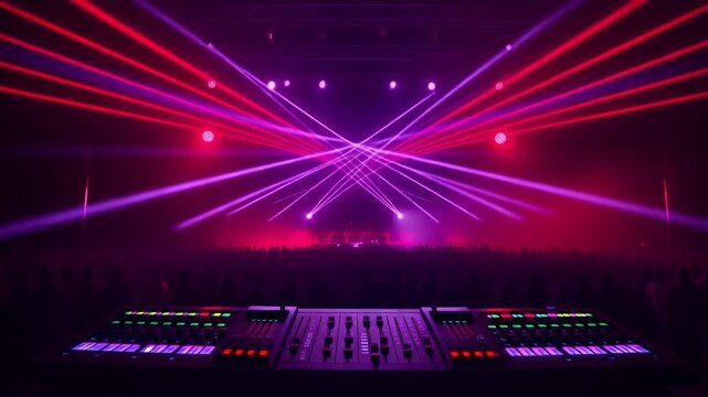 屋内のコンサート会場で赤と白の鮮やかな照明ビームが交差し大勢の観客がステージを熱狂的に見上げる圧倒的なライブ演出風景