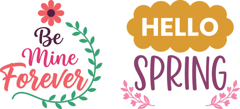 Colorful spring and valentine typographic designs featuring decorative flowers, vibrant botanical wreaths, playful lettering styles, and cheerful seasonal greetings