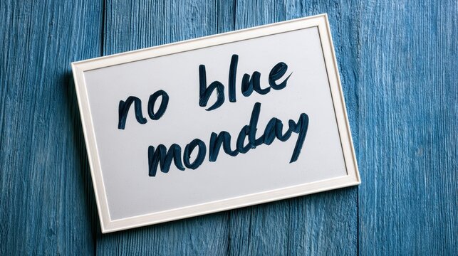 Blue wooden backdrop featuring a centered whiteboard and bold handwritten text 'no blue monday'