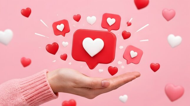 Close Up of a Human Hand Holding Floating Red and White 3D Heart Social Media Like Icons and Speech Bubbles on a Pink Background, Concept of Digital Engagement, Love, and Marketing Success