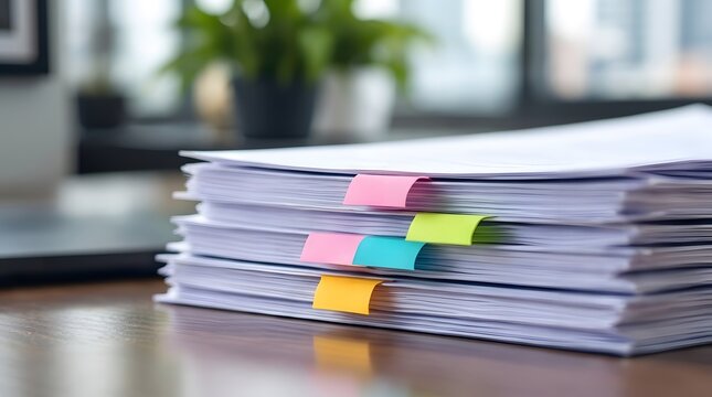 Close-up of a large stack of white documents and paper files with colorful sticky notes and tabs on a wooden office desk, symbolizing workload, organization, and professional administration.