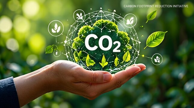 Close up of person's hand holding a glowing green CO2 globe representing carbon footprint reduction initiative, environmental sustainability, net zero emissions and clean energy concept.