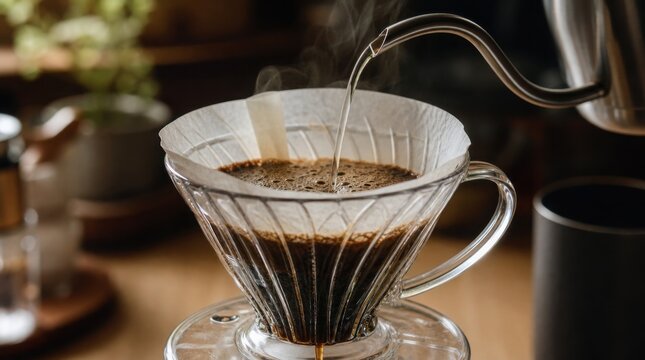 Pour-over coffee brewing setup with hot water steaming over freshly ground coffee in a glass dripper.