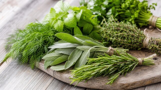 Various fresh green herbs tied in bundles on a rustic wooden surface, showcasing natural textures and vibrant foliage.