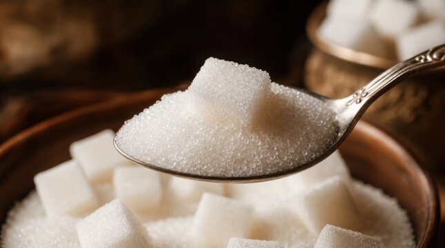 A close-up of a spoon holding a sugar cube over a bowl filled with granulated sugar and more sugar cubes in the background.