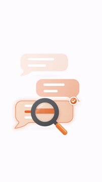 A magnifying glass icon sweeps over a thread of chat bubbles to find and search digital messages.