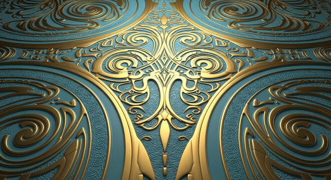 Rich metallic gold swirls curve across a deep teal textured surface creating a luxurious royal tapestry effect that evokes the grand atmosphere of historical architecture and classic regal