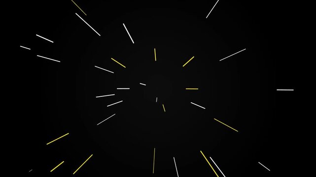 Dynamic white and yellow vector speed lines radiating from center with high velocity motion blur on black background