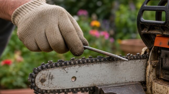 A gloved hand uses a tool to tighten or adjust the chain on a chainsaw in an outdoor setting with blurred greenery and flowers in the background.