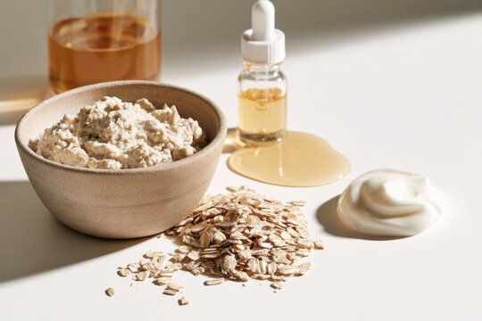 Close-up of DIY oatmeal face mask and ingredients on a white surface