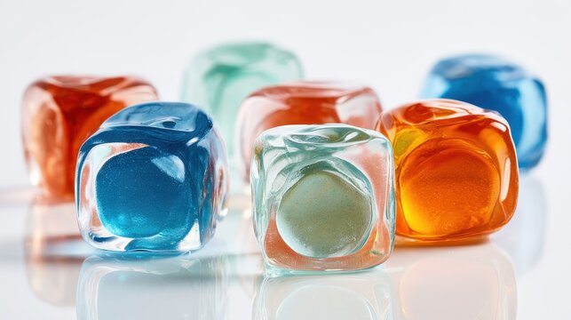 Close-up photograph of colorful laundry detergent pods on a clean white background