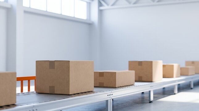 Cardboard boxes moving on a conveyor belt in a bright modern warehouse or distribution center ready for shipping and logistics.