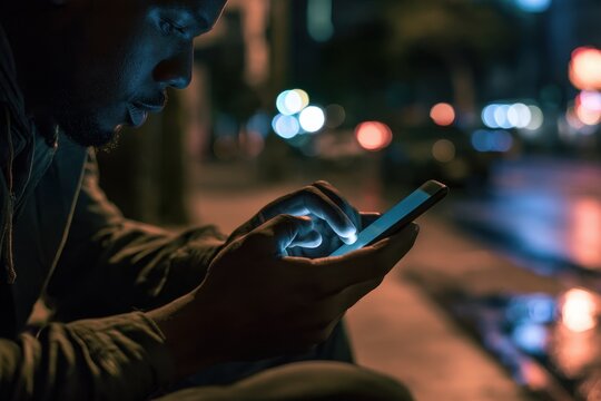 Close-up portrait of a Black man checking a smartphone at night amid urban lights