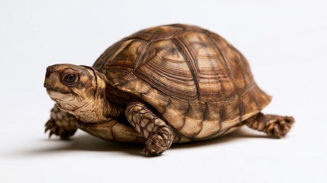 Close-up portrait of a box turtle on a white background showcasing shell texture and natural colors