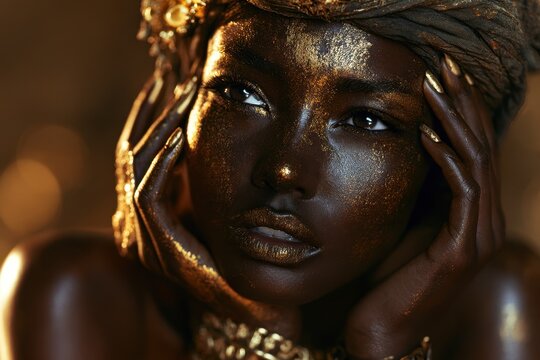 Close-up portrait of a fantasy African goddess with gold body paint and a turban-style headpiece