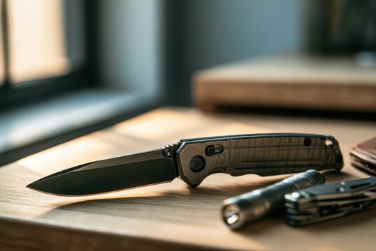 Close-up still life of an everyday carry folding knife with titanium handle on a wooden desk, with flashlight and multitool