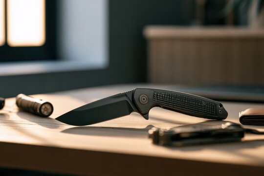 Close-up still life of an everyday carry folding knife with titanium handle on a wooden desk, with flashlight and multitool