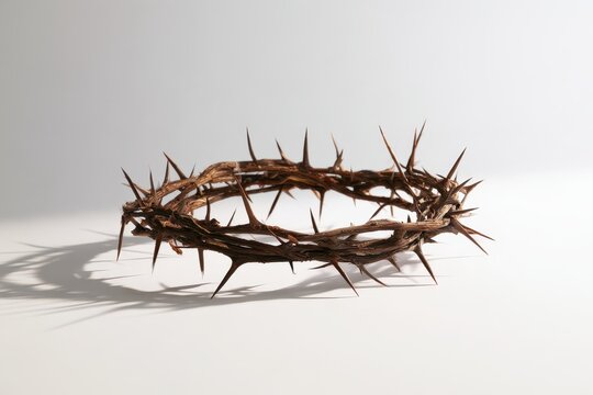 Close-up studio image of a natural crown of thorns, stark white background and subtle shadow