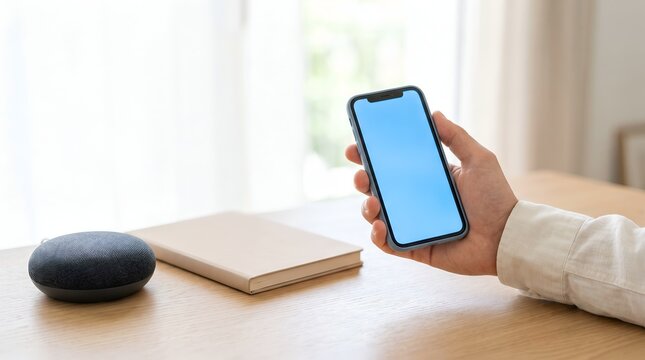 Hand holding modern smartphone with blank blue screen next to smart speaker and book on wooden table home office setting