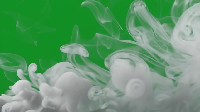 White wisps of atmospheric smoke rising from bottom corners against a solid green screen backdrop abstract steam or clouds emanating