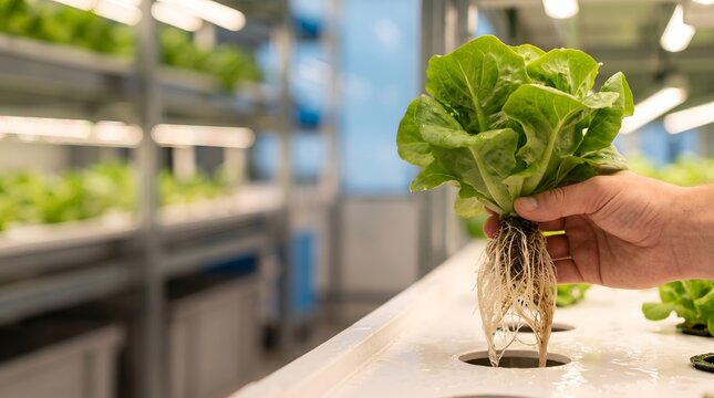 Farmer holding hydroponic lettuce with visible roots in vertical farm with artificial lighting and rows of plants