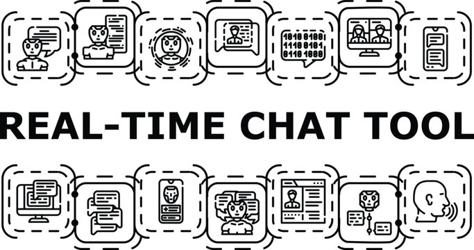 Real-time chat tool banner infographic. Status support, message communication, channel thread icon vector illustration