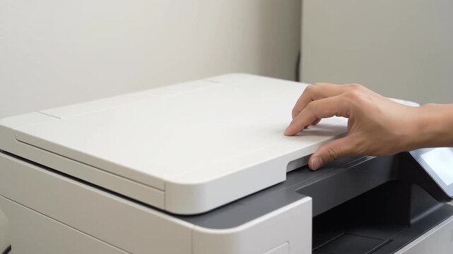 Close-up of a person placing a blank white sheet of paper on the scanner glass and closing the cover of a modern office copier machine