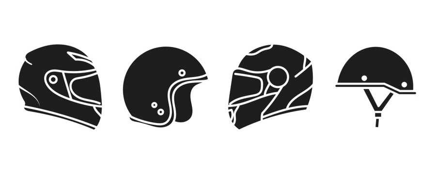 Four black motorcycle helmets in profile against a white background illustrating diverse protective headwear styles