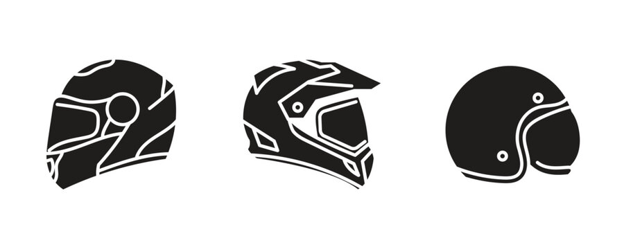 Three motorcycle helmets displayed in a clean row against a white background symbolizing safety and variety of protective headwear