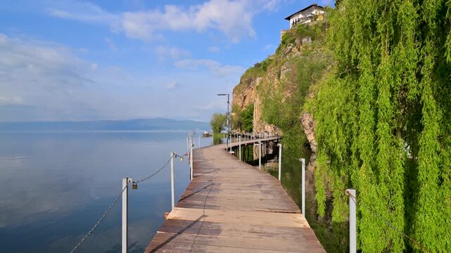 Scenic wooden boardwalk on Lake Ohrid, Macedonia