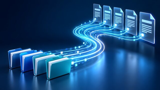 Digital data migration concept showing glowing fiber optic streams transferring files from physical folders to virtual documents
