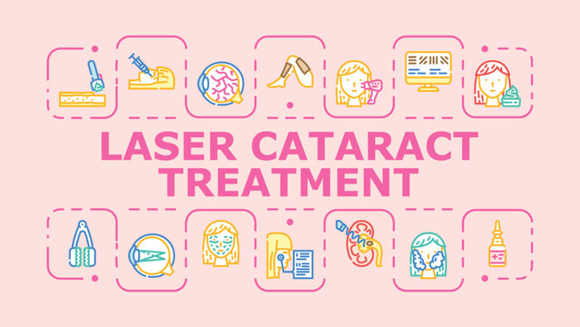 Laser cataract treatment banner infographic. Eye incision, outpatient phaco, retina cornea icon vector illustration